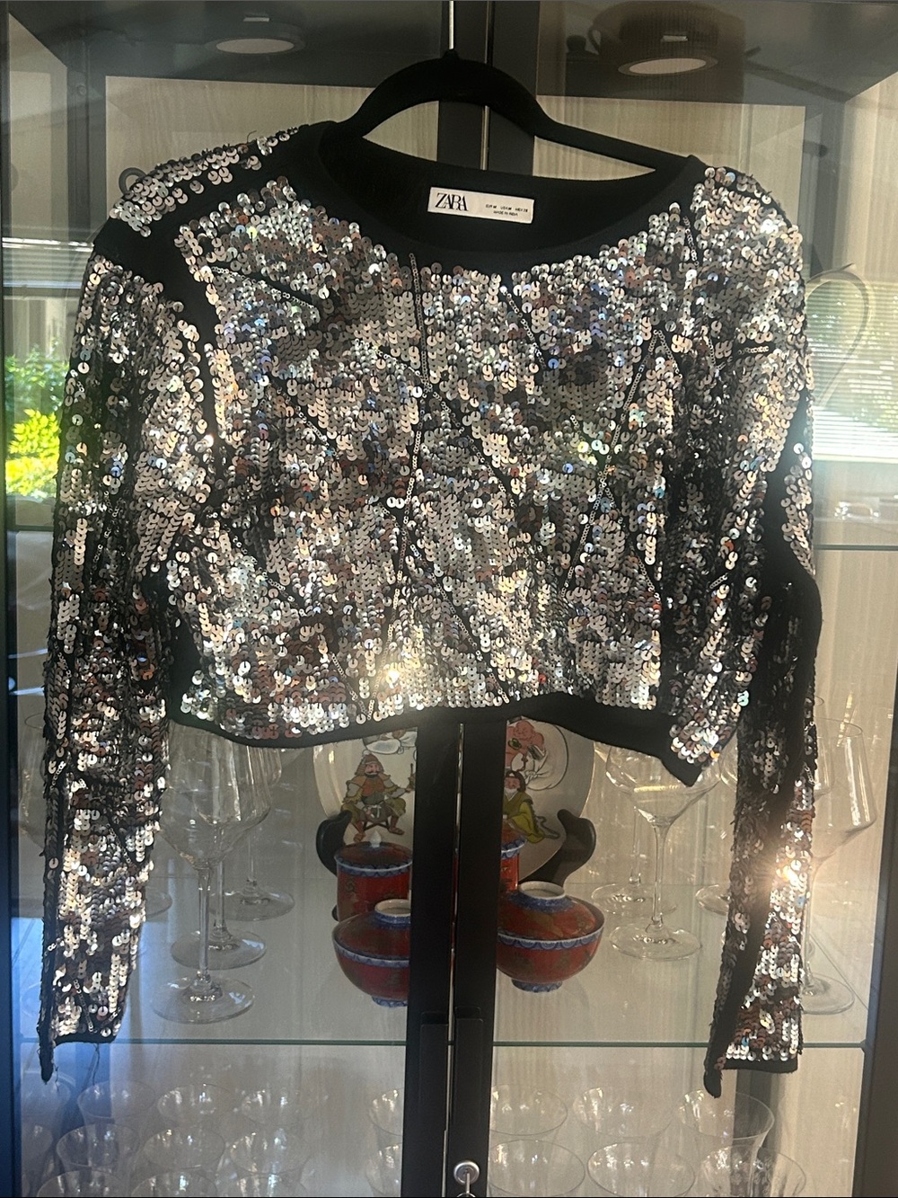 Zara Silver Sequin Cropped Top with Black Trim